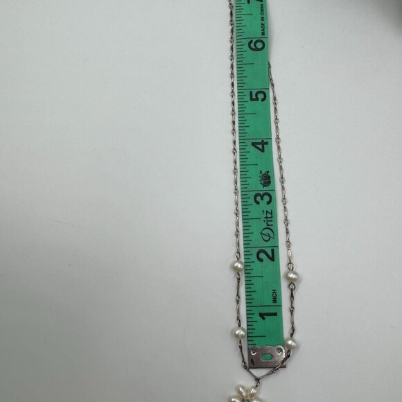 Vtg 18" Freshwater Pearl Necklace Sterling 925 w/Pearl Daisy & Turquoise Pendant - Picture 3 of 16